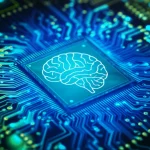 Primo piano, obiettivo macro 100mm, di un circuito stampato complesso con pattern luminosi blu e verdi che convergono verso un punto centrale rappresentante un cervello stilizzato. Illuminazione drammatica e controllata per evidenziare i dettagli high-tech dei componenti elettronici e le connessioni intricate, simboleggiando l'analisi AI dei dati neurali/testuali.