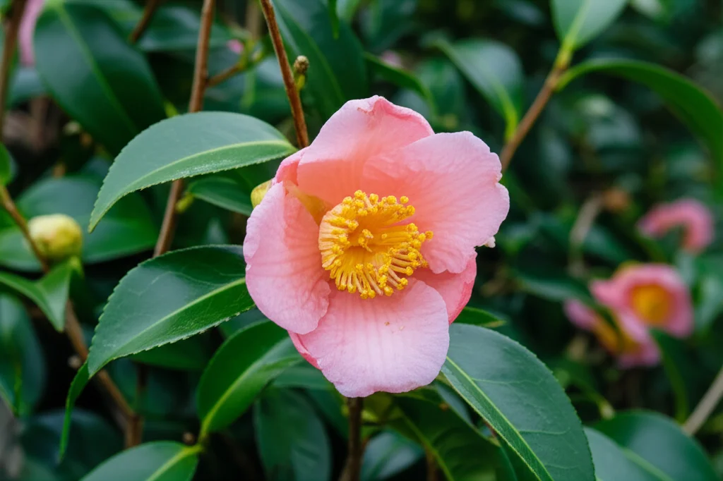 Scatto macro dettagliato di un fiore di Camellia sinensis che si apre, lente Macro 90mm, alto dettaglio sui petali e stami, messa a fuoco precisa, luce naturale soffusa, a simboleggiare la bellezza e la complessità genetica del gruppo di piante del tè sotto indagine.