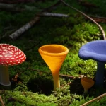 Tre funghi selvatici diversi - uno rosso vivo con macchie bianche (Amanita), uno giallo dorato a forma di trombetta (Cantharellus), uno blu indaco intenso (Lactarius indigo) - che crescono vicini nel muschio verde brillante della foresta pluviale di Oaxaca, illuminati da un suggestivo raggio di sole che filtra tra le foglie. Macro lens, 90mm, high detail, precise focusing, luce naturale drammatica e contrastata.