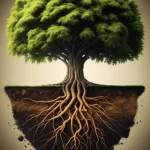 A photorealistic image of a majestic, healthy tree with its complex root system partially visible underground, as if a cross-section of the earth has been removed. The roots are intricately detailed, anchoring firmly into varied soil layers. Macro lens, 60mm, high detail, precise focusing, dramatic side lighting to emphasize texture.