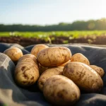 Campo di patate rigoglioso in Estonia sotto un cielo sereno, focus sui tuberi sani appena raccolti in primo piano su un telo nel campo, luce naturale brillante del mattino, obiettivo 35mm, alta definizione, dettagli nitidi sui tuberi e sulla terra.