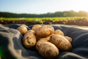 Campo di patate rigoglioso in Estonia sotto un cielo sereno, focus sui tuberi sani appena raccolti in primo piano su un telo nel campo, luce naturale brillante del mattino, obiettivo 35mm, alta definizione, dettagli nitidi sui tuberi e sulla terra.