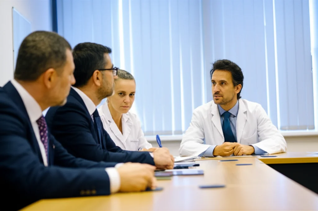 Fotografia realistica e professionale di un gruppo eterogeneo di docenti universitari di odontoiatria in una sala riunioni luminosa, impegnati in una discussione seria ma costruttiva sui metodi di valutazione degli studenti. Obiettivo zoom 24-70mm impostato a 35mm, luce morbida da finestra, focus nitido sui volti espressivi.