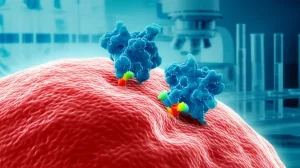Illustrazione concettuale di due molecole farmacologiche (Venetoclax e Chidamide) che attaccano sinergicamente una cellula tumorale di linfoma, sfondo astratto di laboratorio, obiettivo macro 90mm, alta definizione, illuminazione focalizzata sull'interazione.