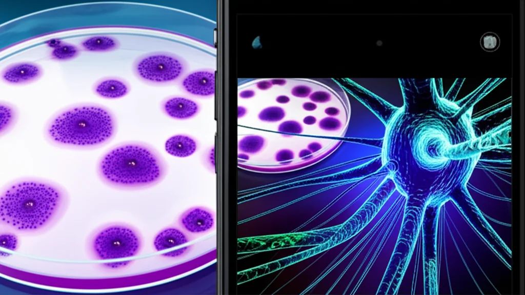 Immagine fotorealistica composita che mostra in primo piano una piastra di Petri con placche virali viola del virus Vaccinia (obiettivo macro 100mm, alta definizione), parzialmente sovrapposta a una visualizzazione digitale astratta di una rete neurale (linee luminose blu/verdi) e uno smartphone che cattura l'immagine. Illuminazione da laboratorio mista a bagliori digitali, focus selettivo sulla piastra e sull'interfaccia AI.