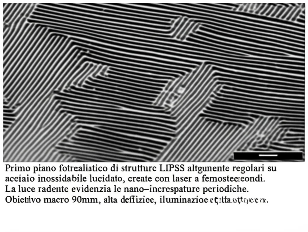 Primo piano fotorealistico di strutture LIPSS altamente regolari su acciaio inossidabile lucidato, create con laser a femtosecondi. La luce radente evidenzia le nano-increspature periodiche. Obiettivo macro 90mm, alta definizione, illuminazione controllata.