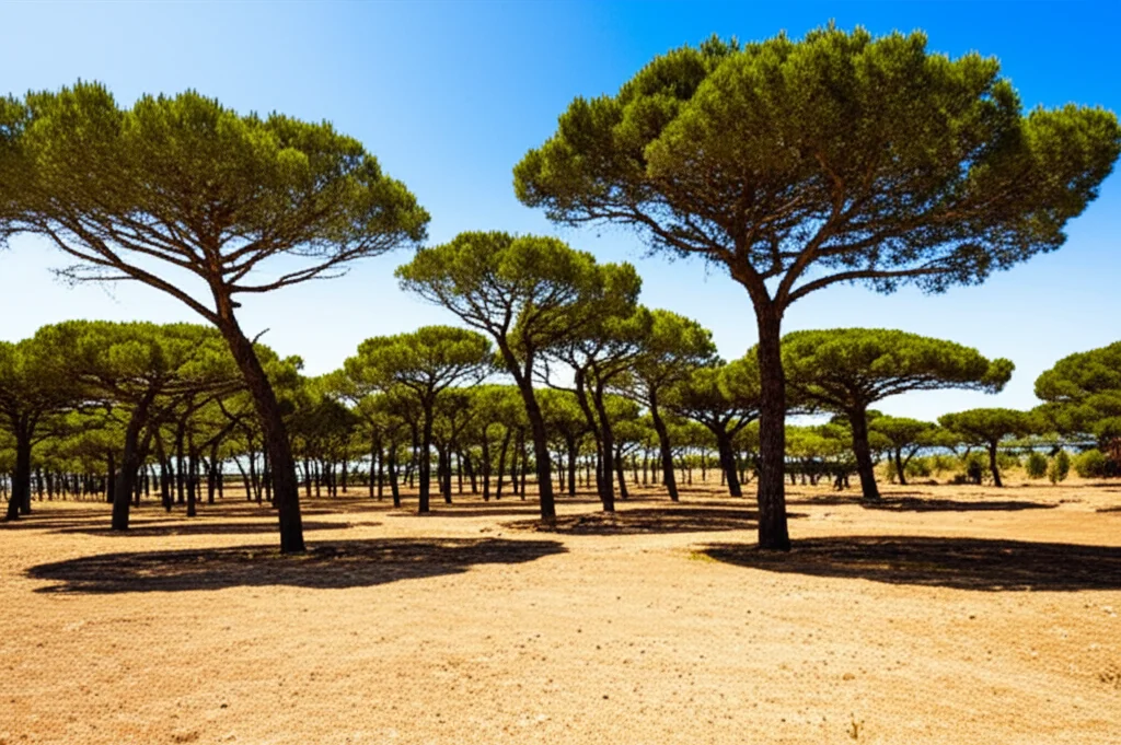 Wide-angle landscape photo, 10mm, sharp focus, showing a mixed Scots pine and oak forest under a bright sky in a dry Mediterranean region, illustrating the challenge of climate change adaptation.