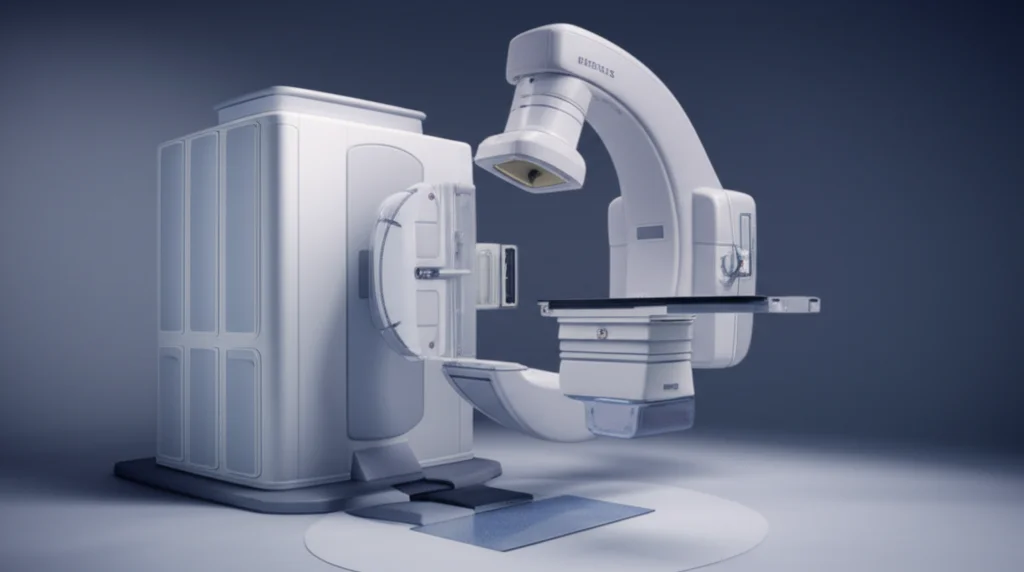 Photorealistic image of a modern radiotherapy machine, showing the gantry rotating around a patient setup area, emphasizing precision and advanced technology, 35mm portrait lens, high detail, controlled lighting.