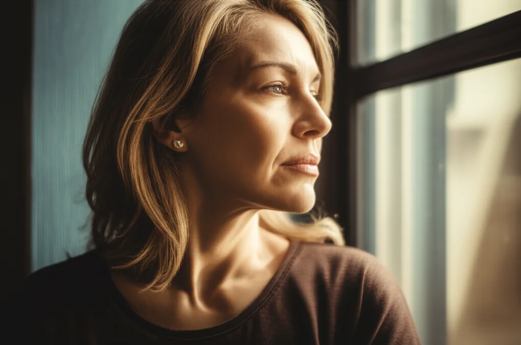 Una donna di mezza età, sopravvissuta al cancro al seno, in un momento di riflessione vicino a una finestra, luce naturale soffusa. Fotografia ritrattistica, obiettivo da 35mm, toni caldi e leggermente desaturati, profondità di campo per mettere a fuoco il suo viso pensieroso.