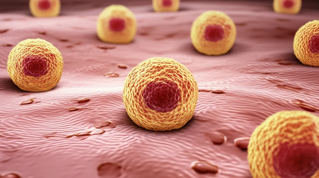 Photorealistic image showing a microscopic view of cancer cells alongside healthy tissue, illustrating the concept of pathological complete response, macro lens, 105mm, high detail, precise focusing, controlled lighting.