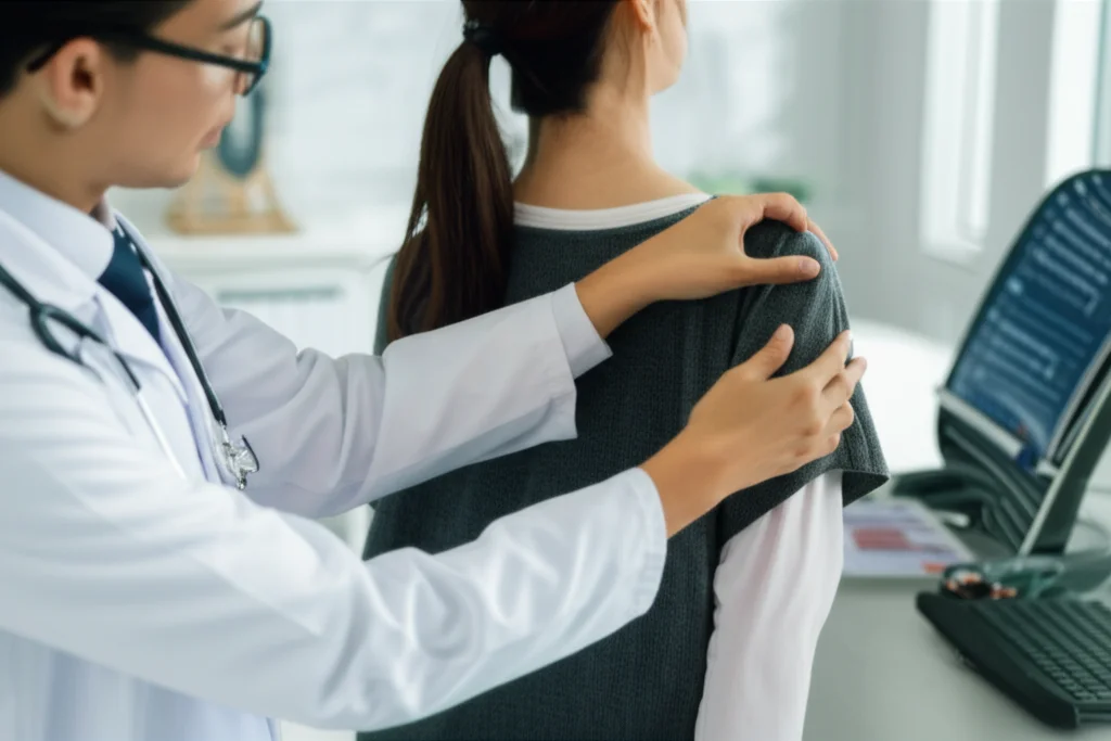 Un medico o un fisioterapista esamina con attenzione la spalla di una paziente in un ambiente clinico luminoso e moderno. Macro lens, 60mm, alta definizione, messa a fuoco precisa sull'interazione, illuminazione controllata per un aspetto professionale.