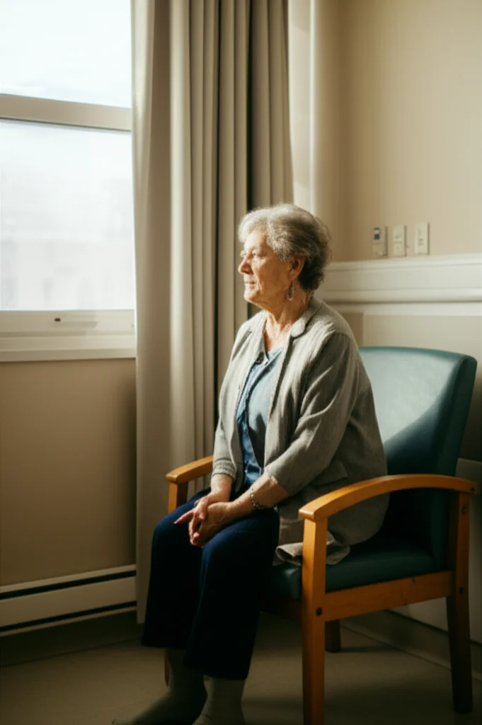 An older person sitting in a hospital room chair, looking out the window, 35mm portrait, depth of field, muted hospital colors.
