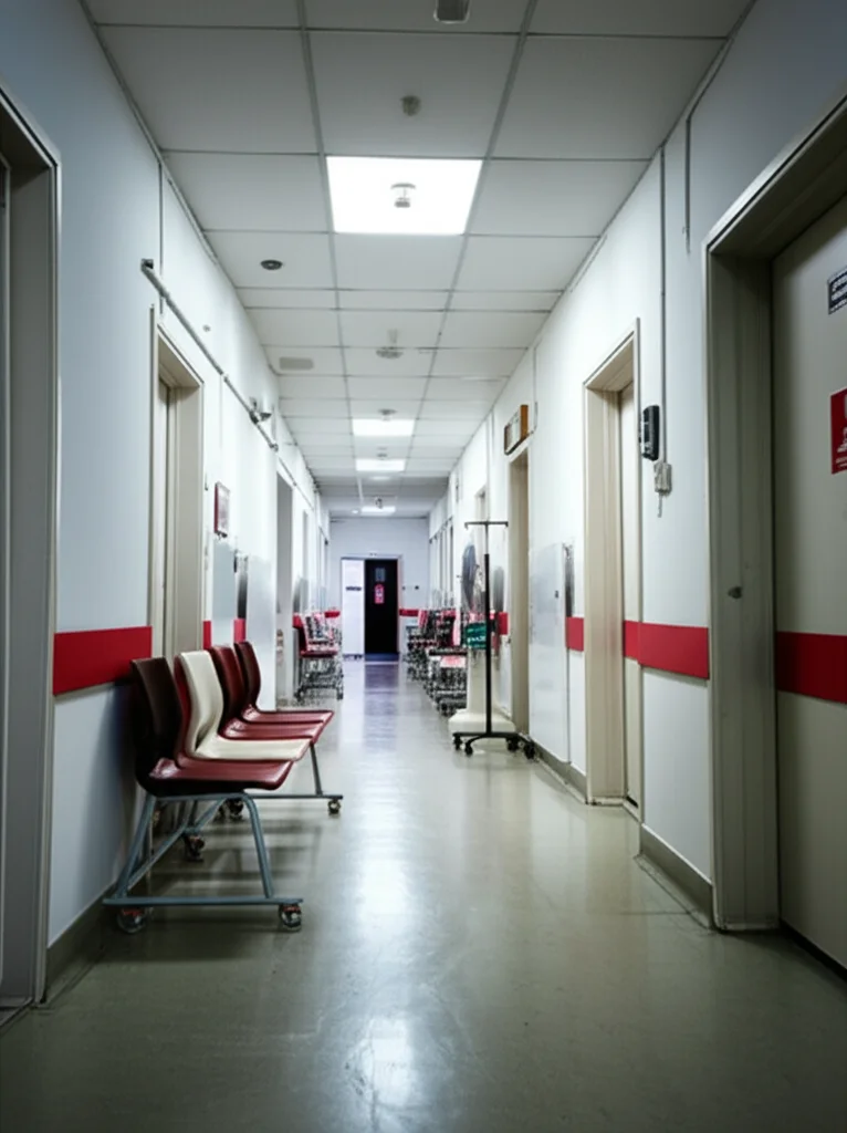 A long, empty hospital hallway with chairs stacked against the wall, wide-angle 10mm, sharp focus, suggesting limited space for activity.