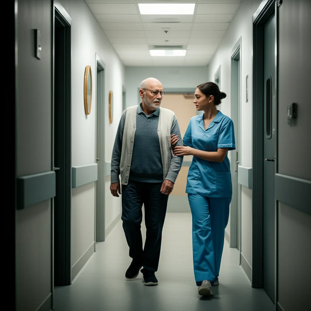 A nurse gently assisting an older patient to walk down a hospital corridor, 35mm portrait, movement tracking, controlled lighting, showing supportive interaction.