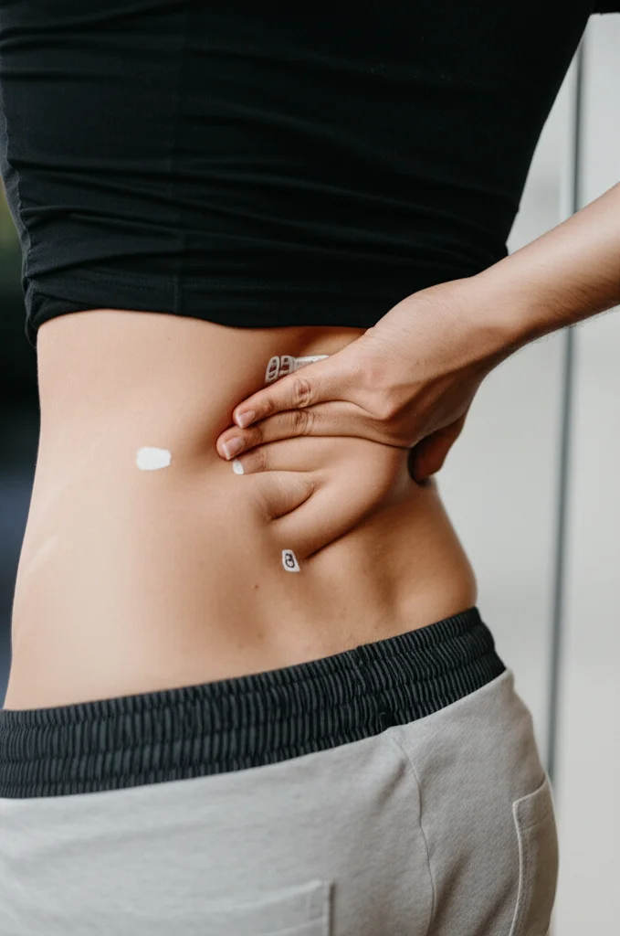 Photorealistic portrait photography of a person with chronic low back pain performing a pulling task, 35mm portrait, subtle depth of field focusing on the lumbar spine area, showing measurement markers.