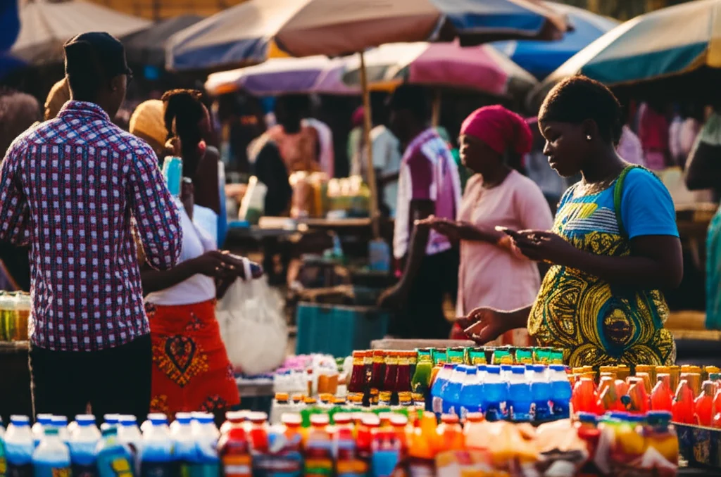 Fotografia di un mercato vivace dell'Africa Occidentale, persone che interagiscono con smartphone vicino a bancarelle di bevande colorate, luce naturale del tardo pomeriggio, obiettivo 35mm, profondità di campo per mettere a fuoco le interazioni umane e i prodotti.