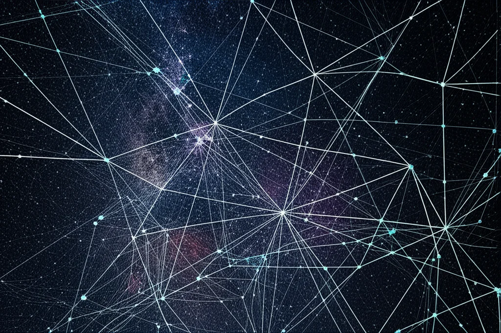 A complex network of biological data points visualized as a starry sky, wide angle 10mm, long exposure, sharp focus, representing the vastness of genomic data used in bioinformatics.