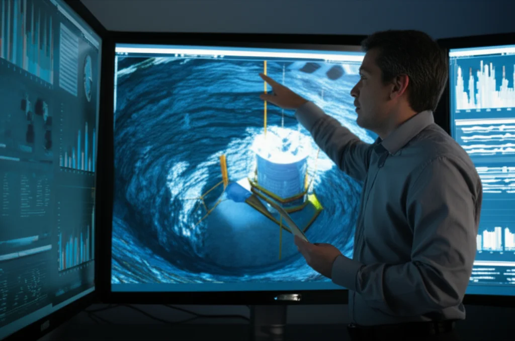 Un ingegnere minerario che osserva un modello digitale 3D di un bacino idrico su un grande schermo, con sovrapposizioni di dati GIS e grafici di subsidenza. Obiettivo prime, 35mm, profondità di campo per mettere a fuoco l'ingegnere e lo schermo, illuminazione da ufficio high-tech.