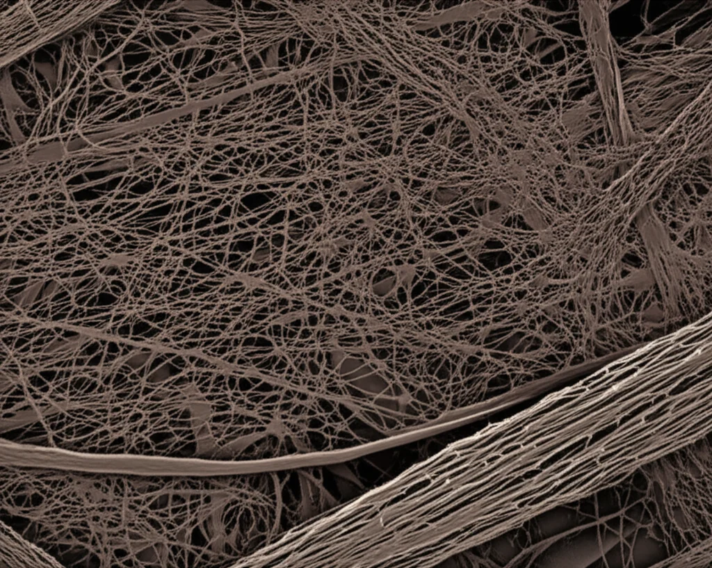 A microscopic view of extracellular matrix (ECM) fibers being remodeled, macro lens, 100mm, high detail, precise focusing, controlled lighting, representing the role of CAFs in the tumor environment and future research directions.