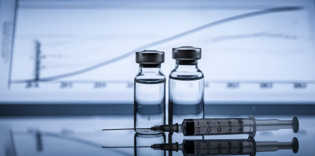 Primo piano di fiale di medicinali eptinezumab ed erenumab su un tavolo da laboratorio, con siringhe pronte per l'iniezione. Sullo sfondo, un grafico che mostra una curva discendente, a simboleggiare la riduzione dei giorni di emicrania. Illuminazione controllata e precisa, obiettivo macro 100mm, alta definizione dei dettagli.