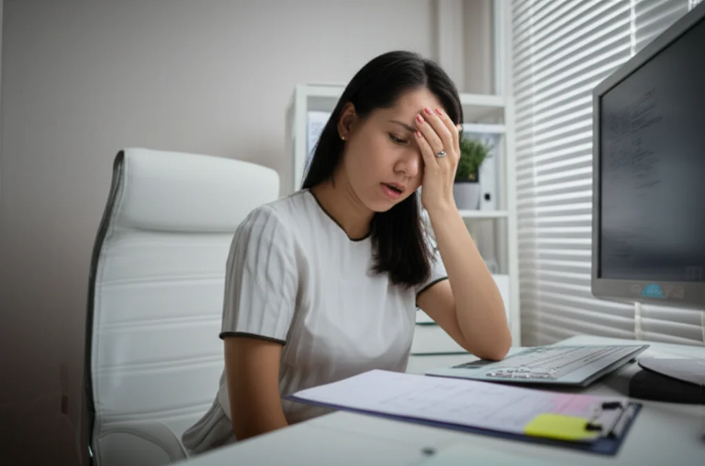 A woman sitting in a sterile-looking doctor's office, looking overwhelmed while reviewing a complex medical form, 35mm portrait, depth of field, controlled lighting.