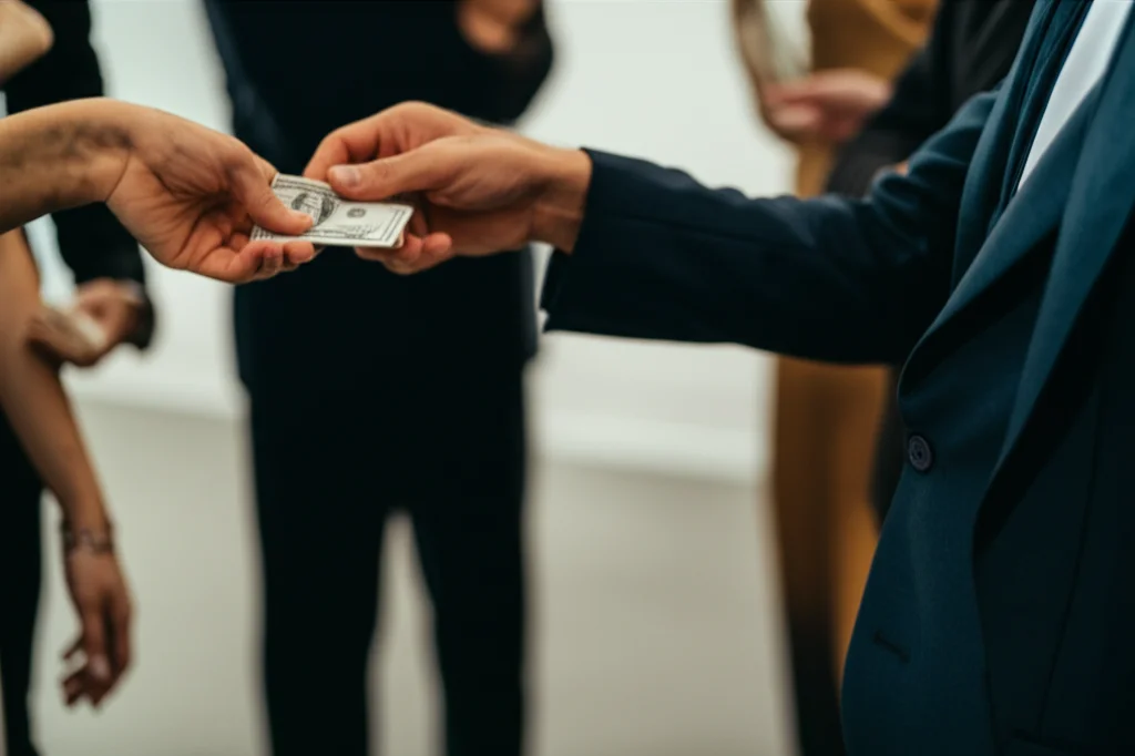 A hand discreetly passing a small amount of cash to another hand in a crowded, non-clinical setting, macro lens, 60mm, high detail, controlled lighting.