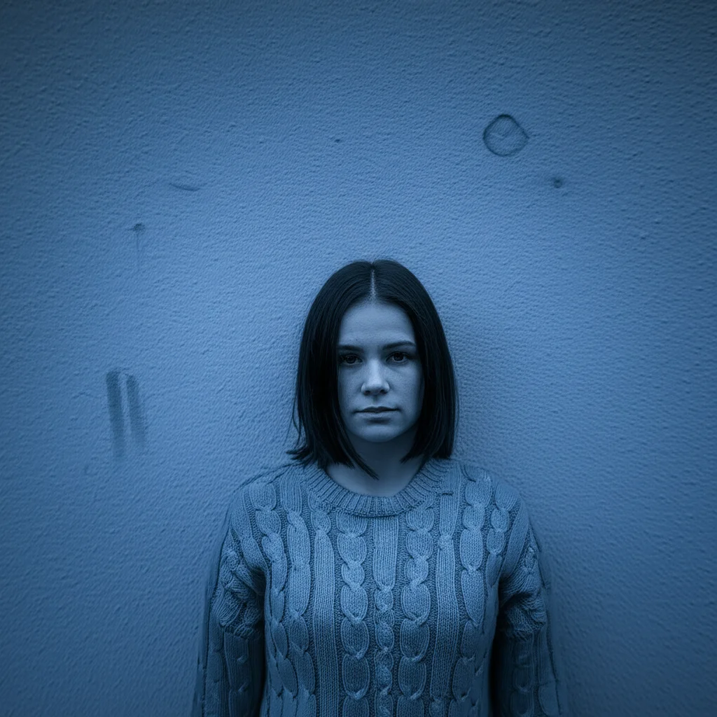 A woman standing in front of a stark wall with only one or two options clearly visible, conveying a lack of choice, 35mm portrait, blue and grey duotones, depth of field.