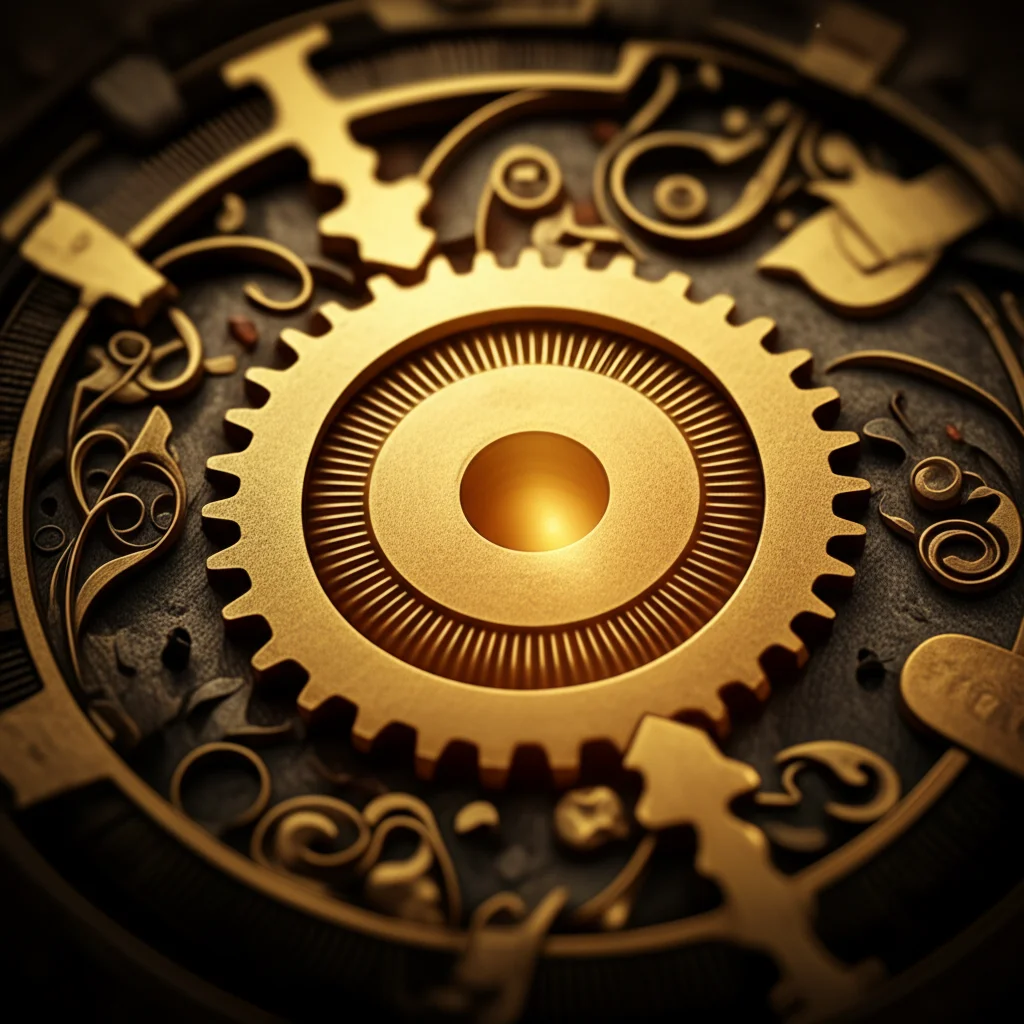 Un ingranaggio dorato e luminoso al centro, che simboleggia la Regola Aurea di Aristotele come soluzione creativa, circondato da elementi astratti che rappresentano diverse sfaccettature di un dilemma etico. Macro lens, 60mm, high detail, precise focusing.