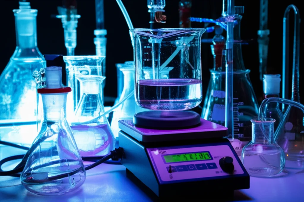 Photorealistic image of a chemistry lab setup with glassware, tubes, and a magnetic stirrer on a hot plate, macro lens, 60mm, high detail, precise focusing, controlled lighting.