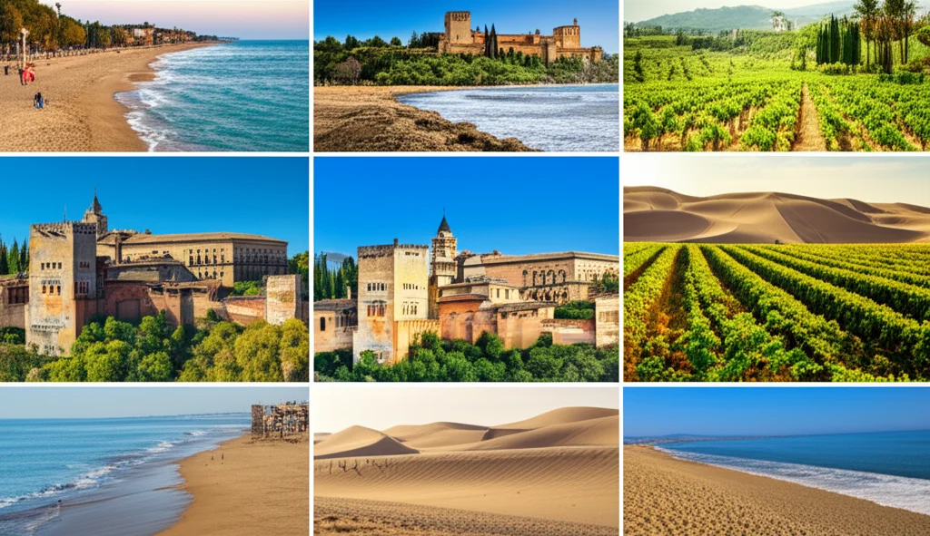 landscape wide angle 10mm, un collage vibrante che rappresenta le otto province dell'Andalusia: spiagge assolate della Costa del Sol, l'Alhambra di Granada, i cortili fioriti di Cordoba, la Giralda di Siviglia, uliveti di Jaen, dune di Huelva, fortezze di Almeria e i vigneti di Cadice, luce dorata diffusa, sharp focus, alta definizione.