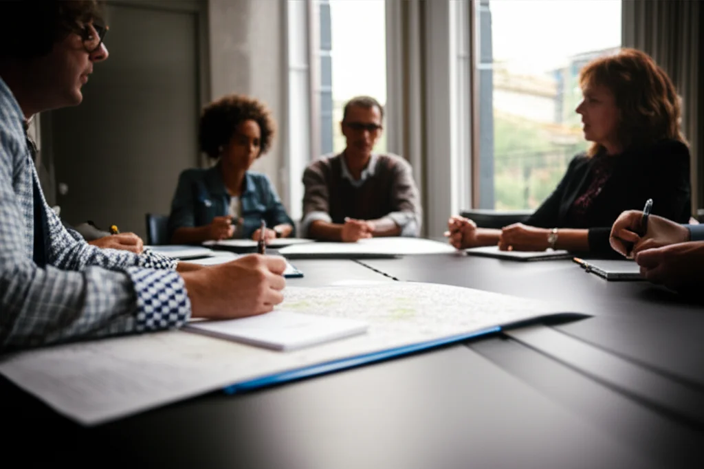 People (portraits), prime lens 35mm, un gruppo di professionisti del marketing turistico in una moderna sala riunioni, discutono animatamente davanti a mappe e grafici dell'Andalusia, depth of field, luce naturale da ampie finestre.