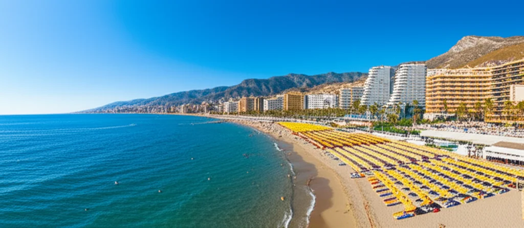 landscape wide angle 10mm, Costa del Sol Malaga, spiaggia dorata affollata di ombrelloni colorati, mare azzurro intenso, hotel moderni sullo sfondo, luce solare brillante di mezzogiorno, sharp focus.