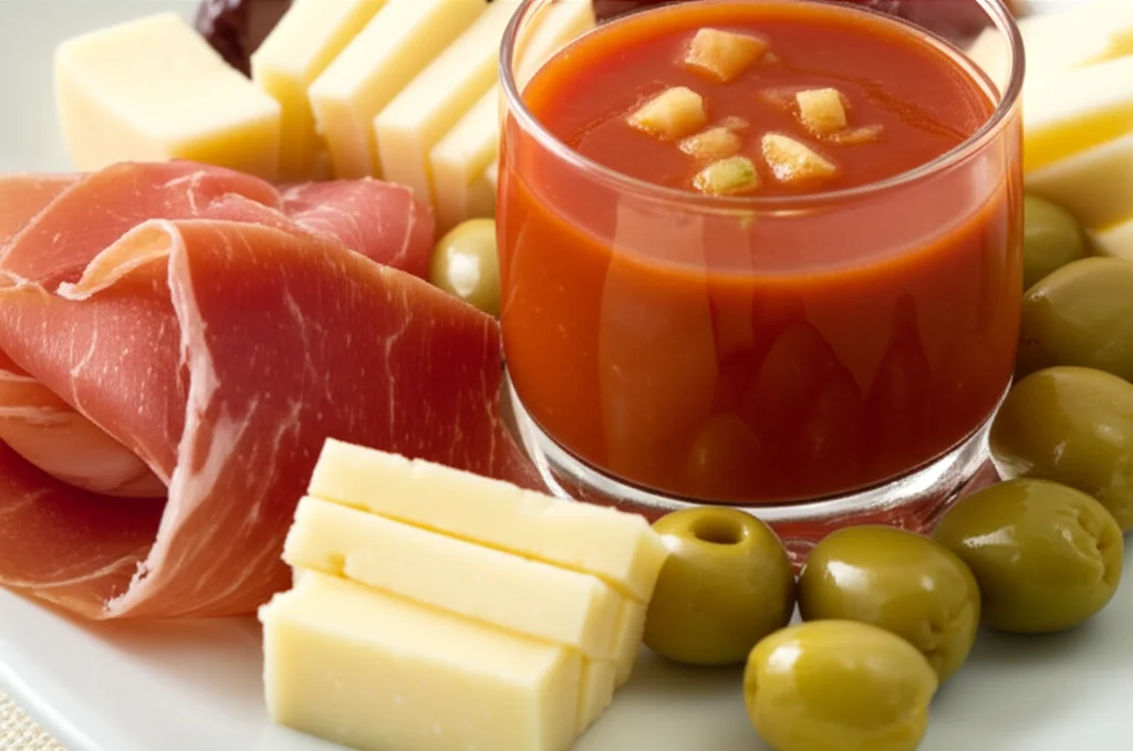 Food, insects, plants (objects, still life), Macro 80mm, un piatto di tapas andaluse assortite, con olive, jamon serrano, formaggio manchego e gazpacho, high detail, precise focusing, controlled lighting calda e invitante.