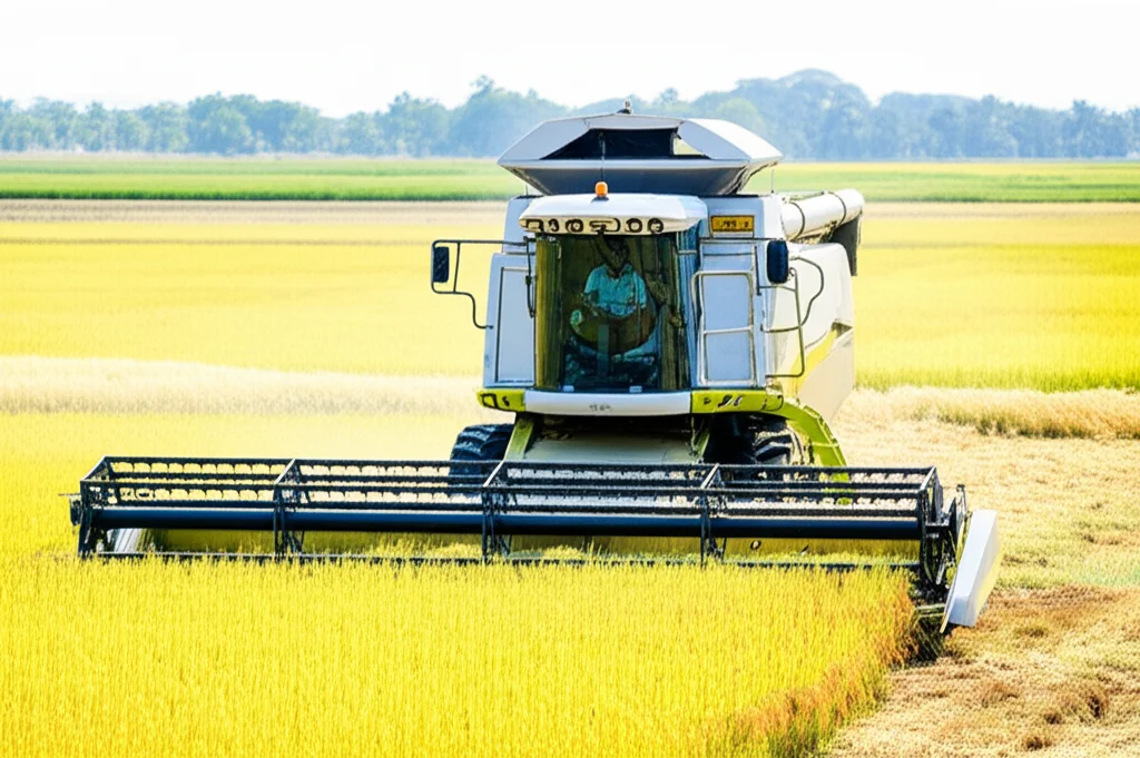 Una mietitrebbia moderna al lavoro in una vasta risaia del Bangladesh durante la stagione del raccolto del riso boro. La luce dorata del tardo pomeriggio illumina la scena, evidenziando i dettagli della macchina e il riso maturo. Obiettivo teleobiettivo zoom 100-400mm, alta velocità dell'otturatore per catturare il movimento della mietitrebbia e degli steli di riso. L'immagine trasmette un senso di efficienza e modernizzazione agricola.