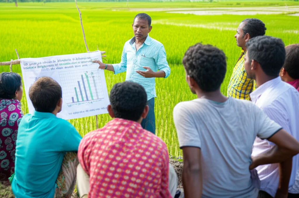 Un gruppo di agricoltori del Bangladesh, di età diverse, partecipa a una sessione di formazione all'aperto sull'uso ottimale delle mietitrebbie e sulla gestione degli input agricoli. Un esperto indica un grafico o un diagramma. L'ambientazione è rurale, con risaie sullo sfondo. Obiettivo prime 35mm, profondità di campo per mettere a fuoco il gruppo mantenendo il contesto visibile. Luce naturale, colori vivaci.