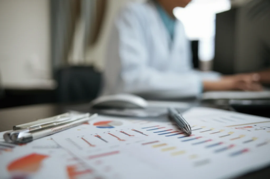 A close-up of medical charts and data graphs on a desk, with a blurred figure of a woman in the background looking at a computer screen. The focus is sharp on the charts showing complex data patterns. Controlled lighting, 60mm macro lens, high detail.