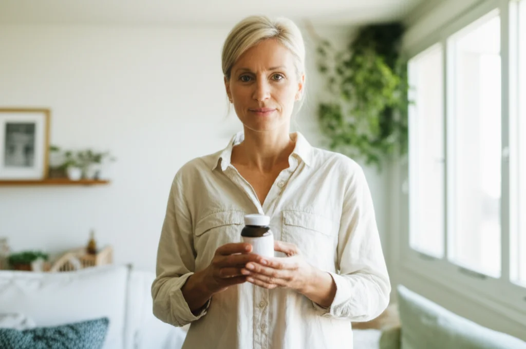 A woman in her late 40s or early 50s standing confidently in a bright, airy room, holding a small package or bottle related to a plant-based supplement. She has a calm, hopeful expression. Natural light, 24mm wide-angle lens, sharp focus.