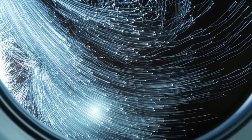 Photorealistic image of chaotic particle tracks in a detector simulation, showing many low-energy jets, wide-angle lens, 24mm, controlled lighting, high detail.