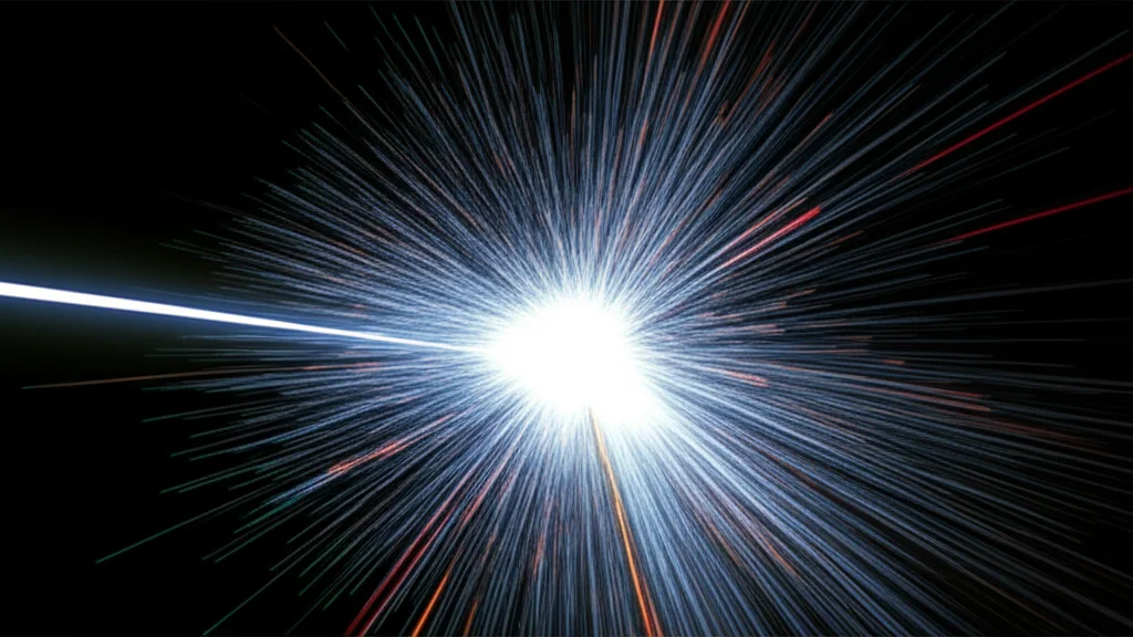 Photorealistic image of distinct, high-energy particle jets and a tau lepton track emerging cleanly from a collision point, telephoto zoom lens, 200mm, precise focusing, high detail.