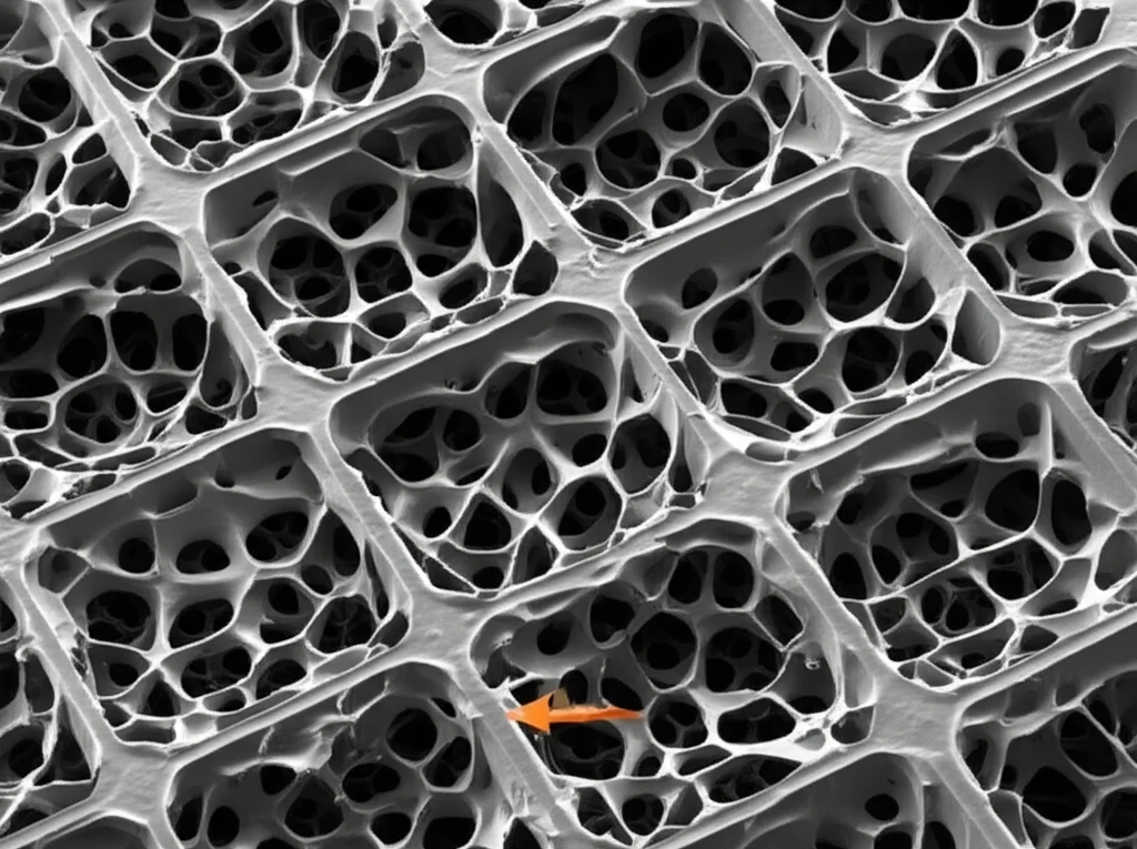 Macro lens, 60mm, high detail, precise focusing, controlled lighting of a porous titanium microstructure showing interconnected pores and solid struts, with arrows indicating potential pathways for fluid flow.