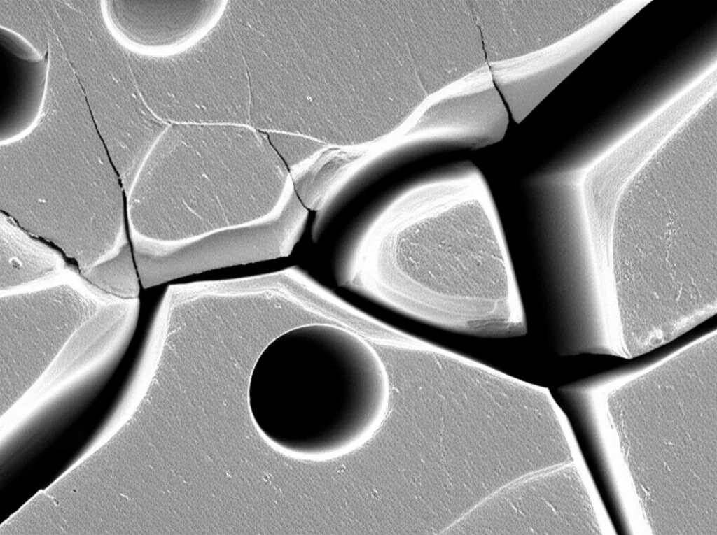 Macro lens, 100mm, high detail, precise focusing, controlled lighting of a porous titanium sample showing deformation under compression, with visible cracks or bulging indicative of failure mode.