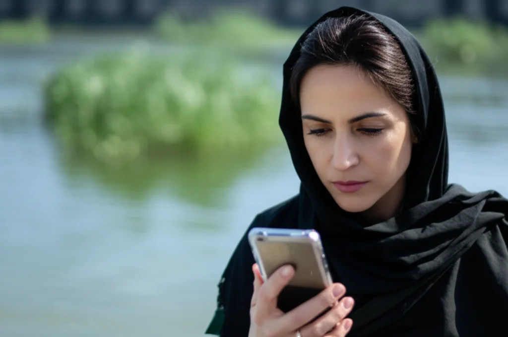 A photorealistic portrait, 35mm lens, of an Iranian woman in her late 30s, looking thoughtfully at her smartphone screen, with a subtle depth of field blur of environmental elements like water or plants in the background.