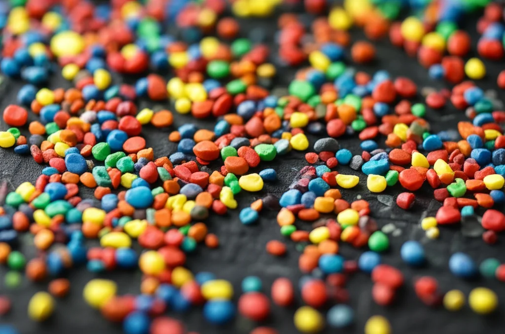 A photorealistic macro lens shot, 60mm, showing tiny colorful plastic particles (microplastics) scattered on a surface, with high detail and precise focusing.