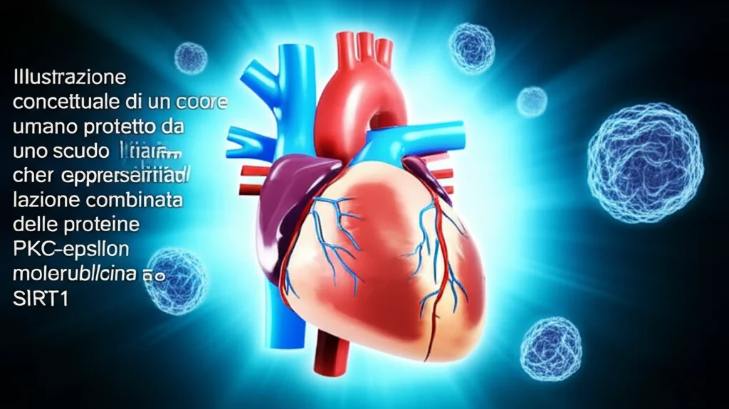 Illustrazione concettuale di un cuore umano protetto da uno scudo luminoso che rappresenta l'azione combinata delle proteine PKC-epsilon e SIRT1, con molecole di Doxorubicina che rimbalzano via. Sfondo scuro per far risaltare la luce protettiva, stile fotorealistico con dettagli anatomici del cuore, obiettivo prime 35mm.