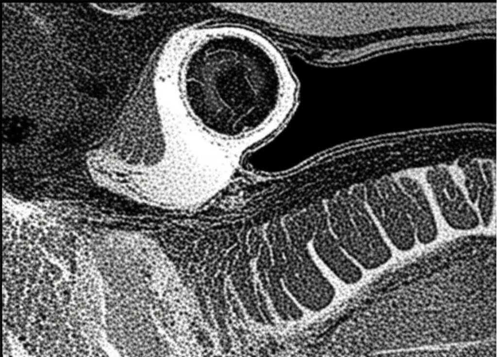 Immagine micro-CT ad alta risoluzione di un ovaio fetale umano a circa 16 settimane post concepimento, che mostra la sua struttura interna e la vascolarizzazione emergente. L'immagine dovrebbe avere un aspetto medico-scientifico, con dettagli nitidi, magari utilizzando un obiettivo macro da 60mm per enfatizzare la complessità anatomica, con illuminazione controllata per evidenziare le diverse densità tissutali.