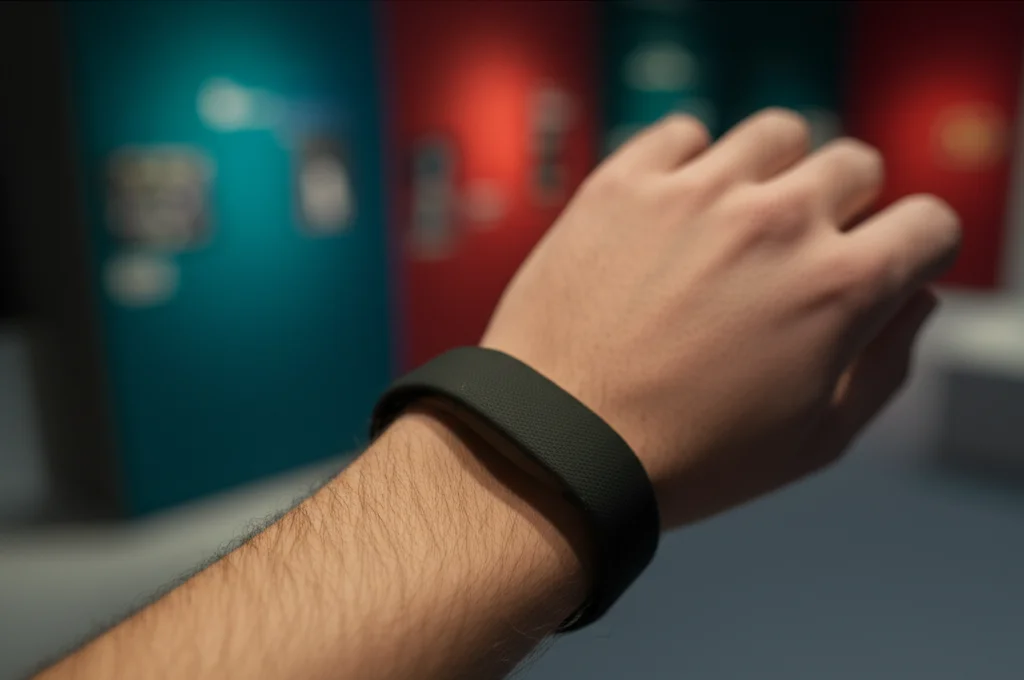 Close-up macro shot of a sleek, modern wristband on a person's wrist, with the background blurred into abstract museum colours. 60mm macro lens, high detail, precise focusing.