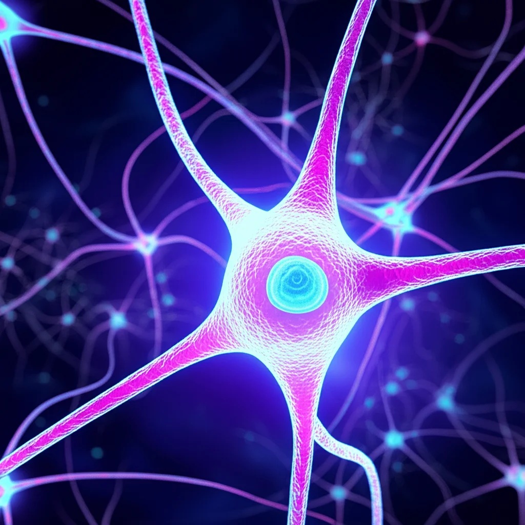 Visualizzazione artistica di reti neurali e molecole di segnalazione che interagiscono all'interno di un ovaio fetale stilizzato. Utilizzare un obiettivo da 35mm con profondità di campo per creare un senso di complessità e interconnessione, con colori duotono brillanti come ciano e magenta per rappresentare l'attività neuroendocrina.