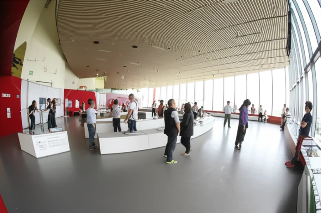 Wide-angle landscape shot of a bright, modern museum interior with visitors interacting with exhibits. The scene is vibrant and inviting. 10mm wide-angle lens, sharp focus, controlled lighting.