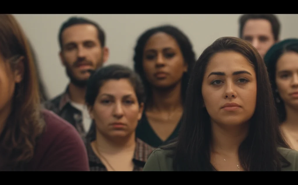 Un ritratto di gruppo di persone diverse, alcune con espressioni pensierose altre più serene, che simboleggiano la comunità migrante. Luce soffusa, 35mm, colori leggermente desaturati con un tocco di calore, profondità di campo che mette a fuoco i volti in primo piano lasciando lo sfondo leggermente sfocato per suggerire il contesto di un centro di accoglienza o sanitario. Film noir style.