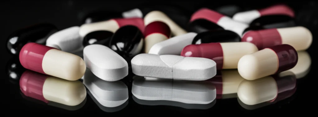 Una macro fotografia di diverse pillole colorate e una singola compressa bianca su una superficie pulita e riflettente, a simboleggiare la terapia antiretrovirale e il regime a singola compressa. Illuminazione da studio precisa, alta definizione, 100mm macro lens, per evidenziare la texture delle pillole.